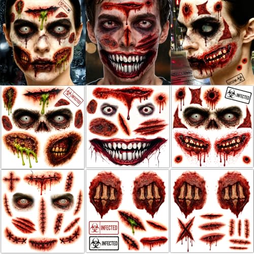 Halloween Zombie Tattoos Kit ? 6 Sheets (4 Zombie Tattoos + 2 Wound Tattoos) ? Fake Scars Temporary Tattoos for Adults, Women, Men ? Realistic Zombie Makeup Kit, Scary Halloween Makeup Accessories (A)