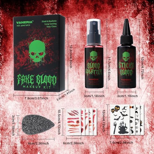 Vaneria Halloween Fake Blood Makeup Kit,Realistic Washable SFX Makeup with 50ml Blood Splatter, 50ml Sticky Blood, Sponge,4 Fake Scars & 4 Fluorescent Tattoo Stickers for Zombie, Vampire Cosplay