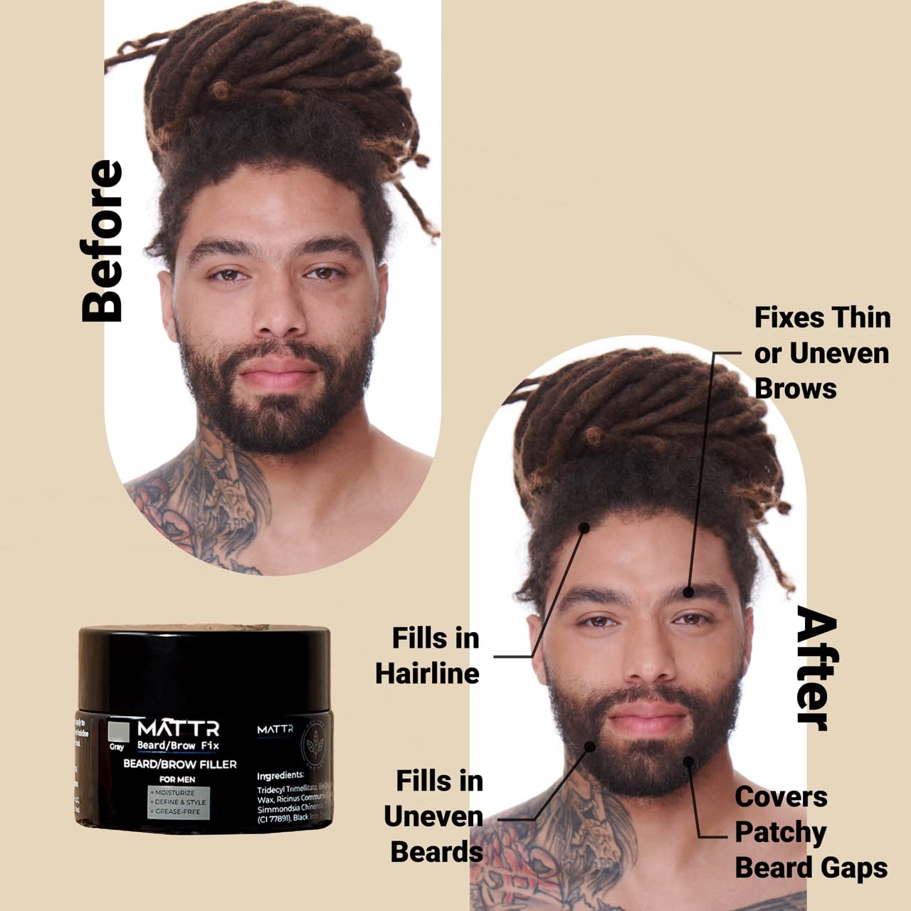 MATTR Beard Filler - Luxury - Grey Hair Coverage, Hair Filler and Growth Promoting for Patchy Beards, For Beards & Brows - Vegan Makeup - Perfect for Gym Bag or Travel - 15g (Brown)