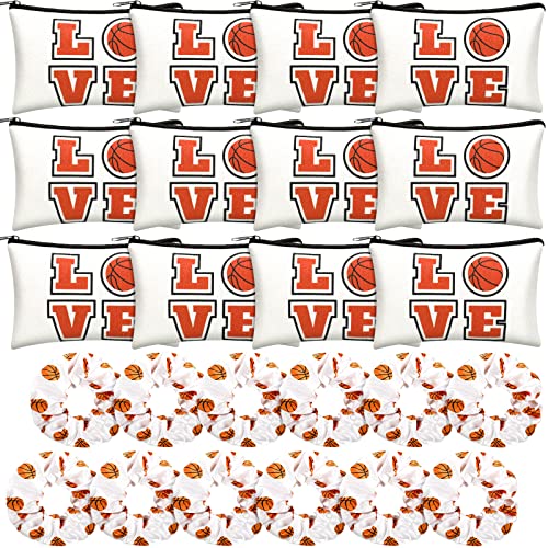 Basketball Theme Cosmetic Bags & Satin Hair Scrunchies Set - White, Classic Style
