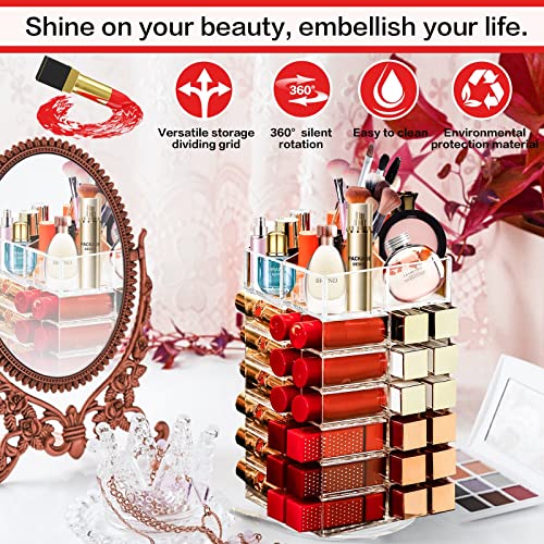 Acrylic Lipstick Tower Holder, 360 Degree Rotating Makeup Cosmetic Lipsticks Organizer with 53 Slots, Spinning Lipgloss Storage Display Stand Holder