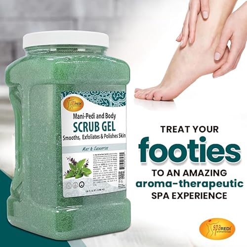 SPA REDI - Exfoliating Scrub Pumice Gel, Mint and Eucalyptus, 128 Oz - Manicure, Pedicure and Body Exfoliator Infused with Hyaluronic Acid, Amino Acids, Panthenol and Comfrey Extract