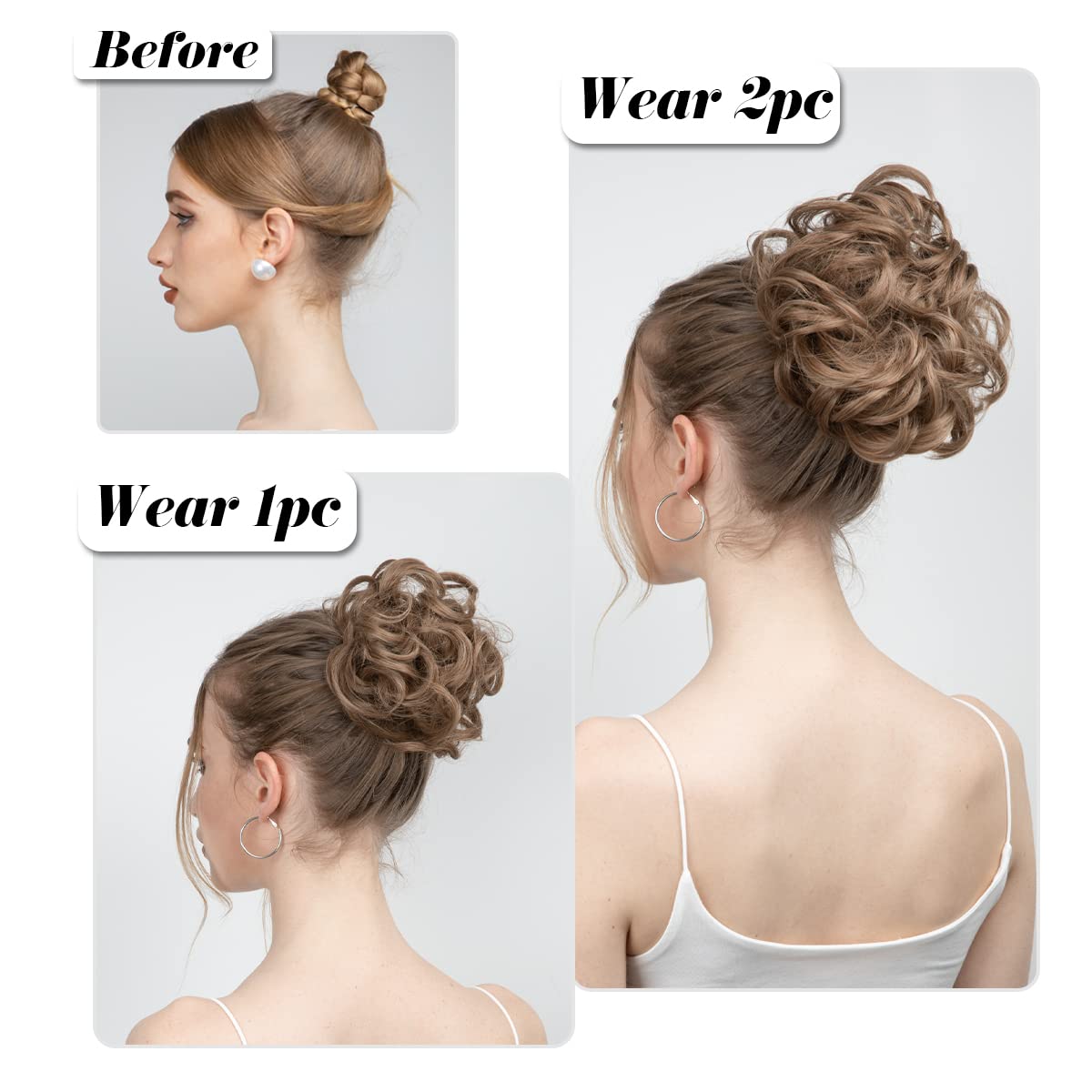 SARLA 2PCS Messy Hair Bun Hair Pieces Wavy Curly Synthetic Updo Fake Scrunchies Ponytail Extension for Women Dirty Blonde