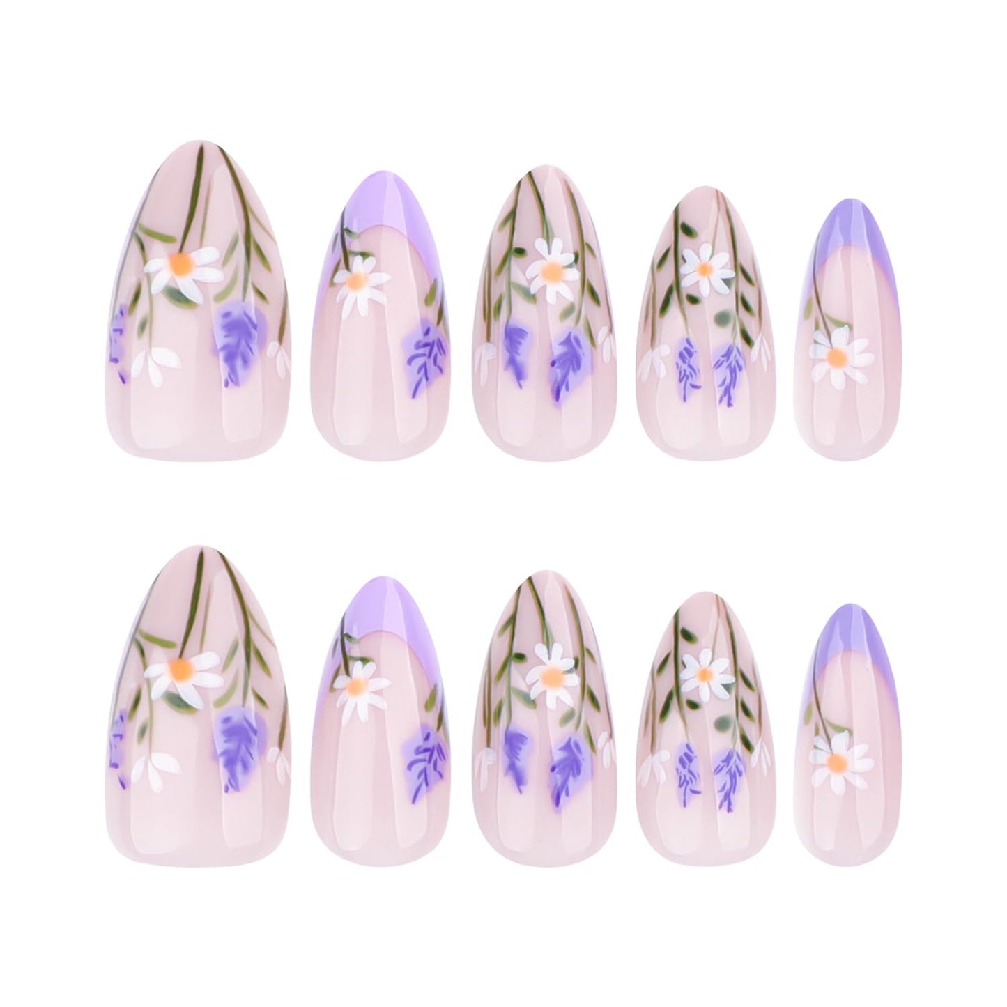 Summer Press on Nails Short Almond Fake Nails with Glue Purple Flowers Design Acrylic Nails Full Cover French Tip Press on Nails Almond Glue on Nails Short Summer Nails Stick on Nails for Women 24PCS