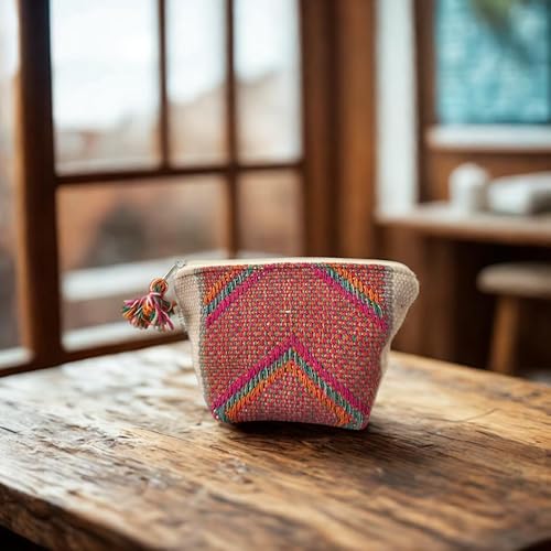 Handmade Makeup Pouches from Peru ? Boho Chic Cosmetic Bag with Zipper, Cute Beauty Pouch for Purse Bag Organizer or Travel Essentials (Pyramid, White - Pink)