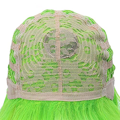 PATTNIUM Lime Green Short Wavy Wig for Women Girls - Fluorescent Synthetic Hair with Bangs