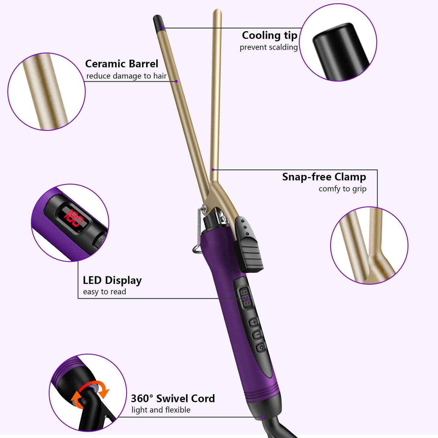 MELYDO 3/8 Inch Small Curling Iron Wand for Short & Long Hair, Ceramic Small Barrel Curling Iron Tiny Curling Wand with Adjustable Temperature, Include Heat Resistant Glove