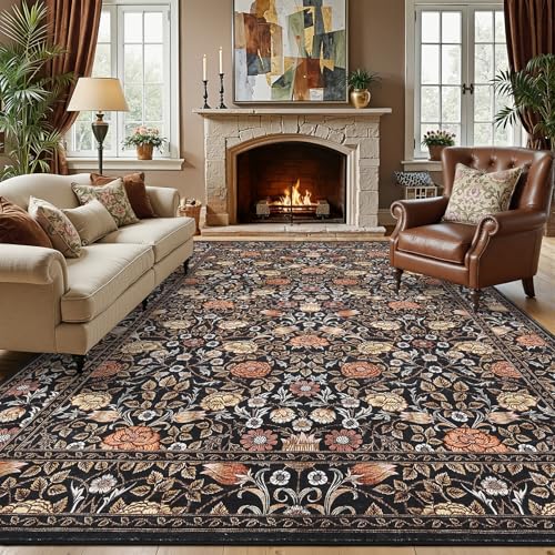 GarveeHome Dark Brown Floral Area Rug 8x10 for Living Room & Bedroom - Non-Slip, Machine Washable