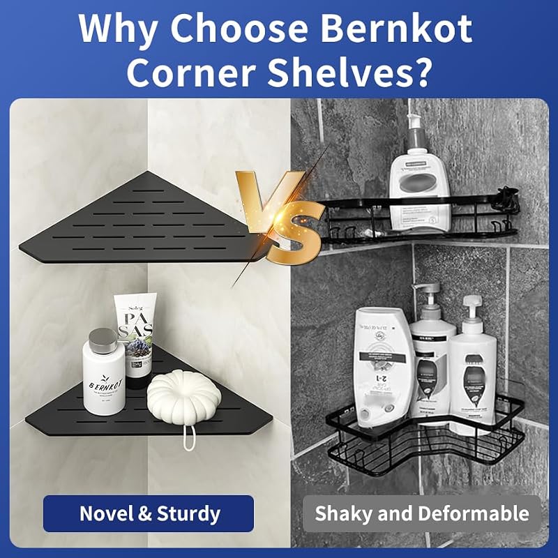 Bernkot Matte Black 10-Inch Corner Shower Shelf Set of 2 - Stainless Steel Bathroom Storage