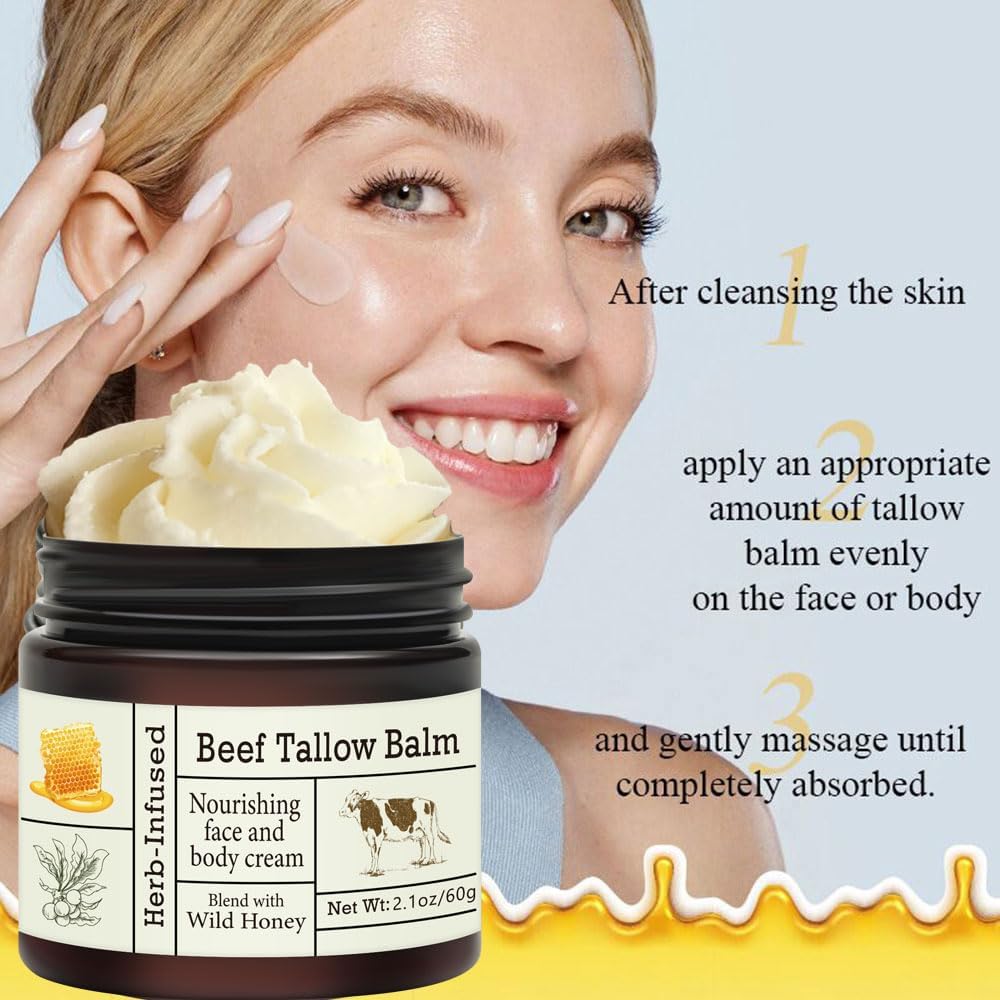 URQT Beef Tallow for Skin - Organic Grass-Fed Whipped Beef Tallow and Honey Balm - Deeply Moisturizing for Face & Body - Natural Skin Care for Soft, Supple Skin