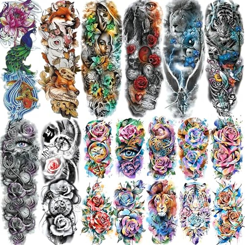 18 Sheets Large Full Arm Temporary Tattoos For Adults, 8 Sheets Peocock Lion Wolf Tiger Compass Flower Fake Sleeve Tattoos For Women Thigh, 10 Sheets Watercolor Rose Half Arm Tatoos Stickers