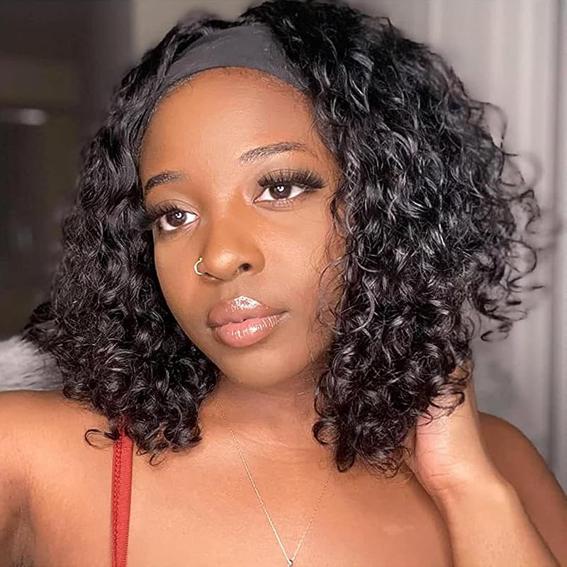 Deep Wave Headband Wig 10 Inch Human Hair curly wig natural black