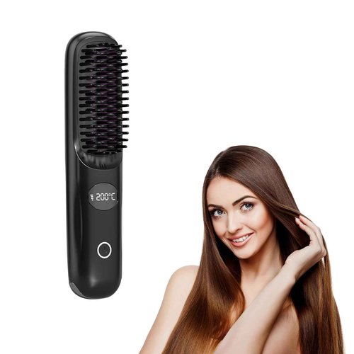 Cordless Straightening Brush, Rechargeable Ionic Straightening Brush, Wireless and Portable Straightening Brush, Women's Mini Straightener for Home & Travel (Black)