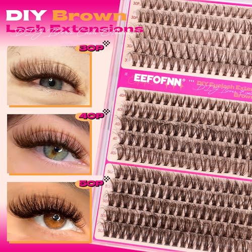Eefofnn Brown Eyelash Clusters Kit 300 Pcs Natural Lash Clusters Kit 30P+40P+50P Brown Cluster Eyelash Extensions Kit Wispy Individual Lashes Bond and Seal Glue Fuzzy Lashes Extension Kit DIY at Home