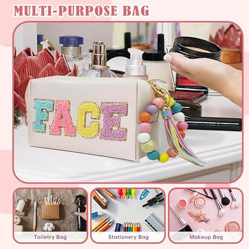 2 Preppy Patch Makeup Bag Chenille Letters Cosmetic Bag Personalized Initial Cute Face Skin Pu Leather Portable Waterproof Toiletry Bag with Keychain Travel Make up Bag for Women Teen Girls