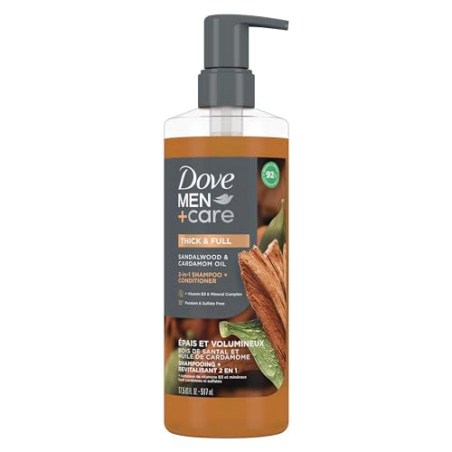 DOVE MEN + CARE 2-in-1 Shampoo + Conditioner Sandalwood & Cardamom Oil for Thick & Full Hair, + Vitamin B3 & Mineral Complex, 17.5 oz