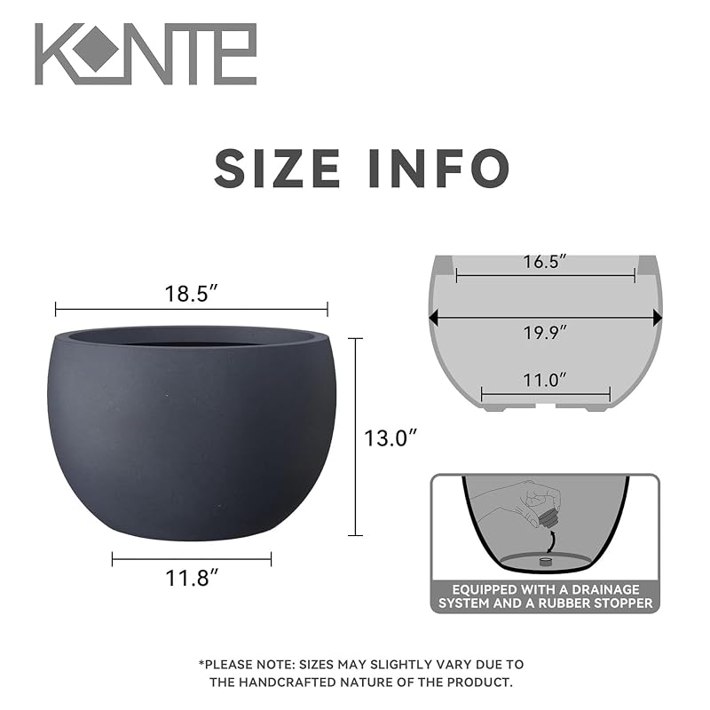 Large Round Charcoal Concrete Planter 19.9" Dia - Outdoor with Drainage Plug
