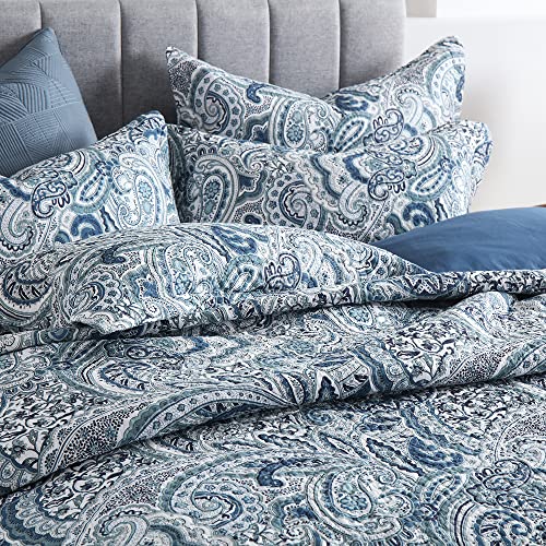Reversible Cotton Bedspread Quilt Set - Blue Floral Paisley King Size - Autumn Dream