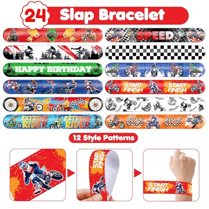 72 PCS Dirt Bike Party Favors - 48 Temporary Pre-Cut Tattoos & 24 Slap Bracelets - Fun Party Favors for Boys & Girls, Birthday Goodie Bag Fillers, Baby Shower Gifts, Classroom Rewards