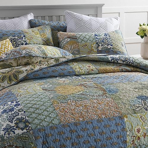 Reversible Cotton Bedspread Quilt Set with Shams - Rustic Patchwork, Queen Size, Sage Green, Floral / Branch Variation