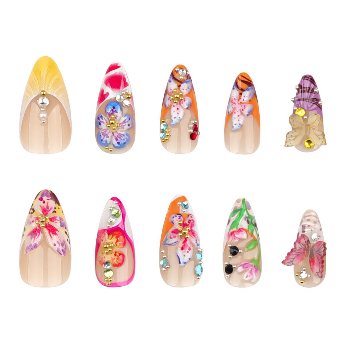 Flower Press on Nails Long Almond Fake Nails 3D Floral Colorful Butterfly Rhinestone Design French Tip False Nail Spring Summer Stick on Nails Acrylic Glue on Nail Art DIY Manicure Supplies