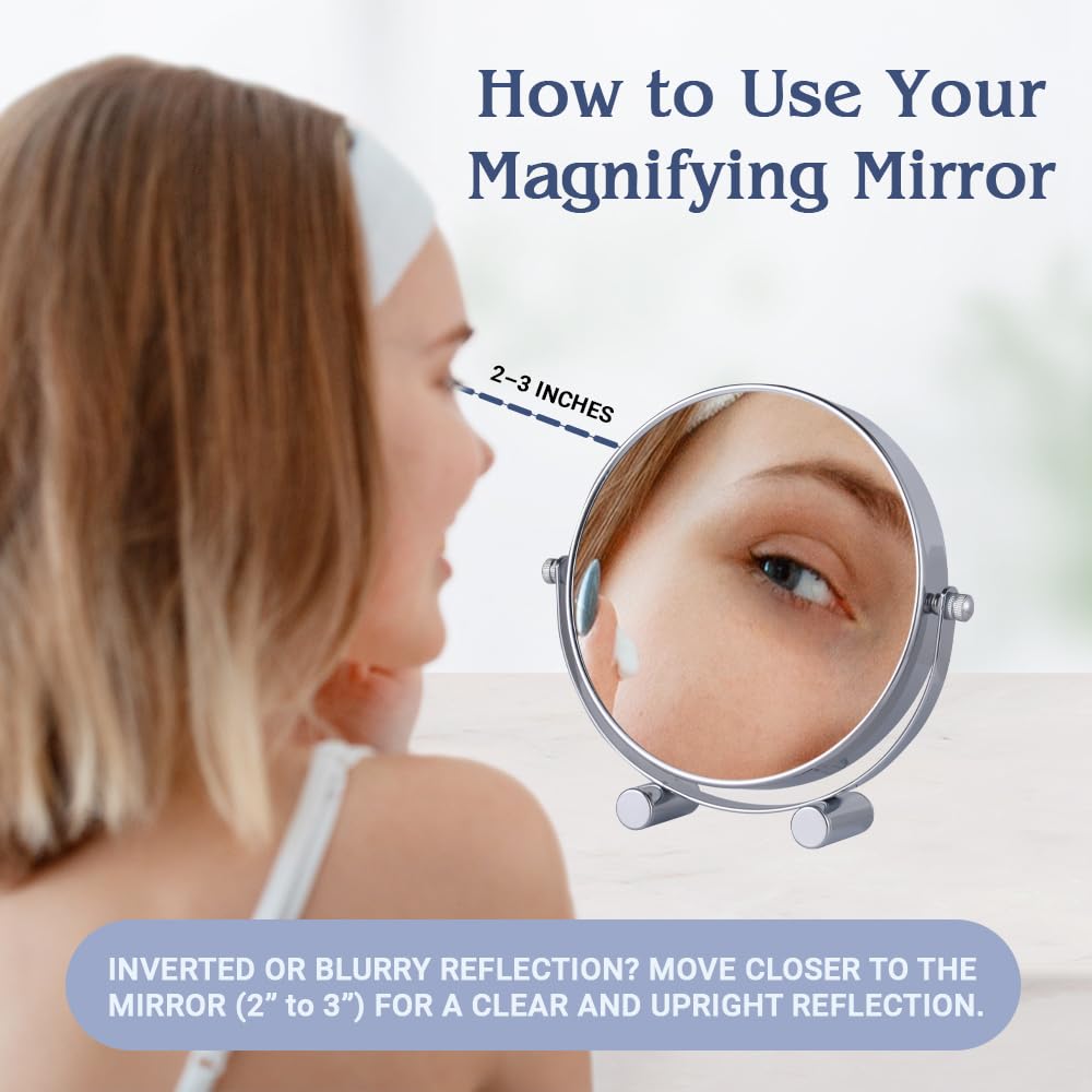 Small 15X Magnifying Tabletop Mirror for Makeup - Double Sided 15x and 1x Portable Make Up Mirror for Desk, Dressing Table and Retail Store - 6" Wide & 6.7" Tall (Chrome)