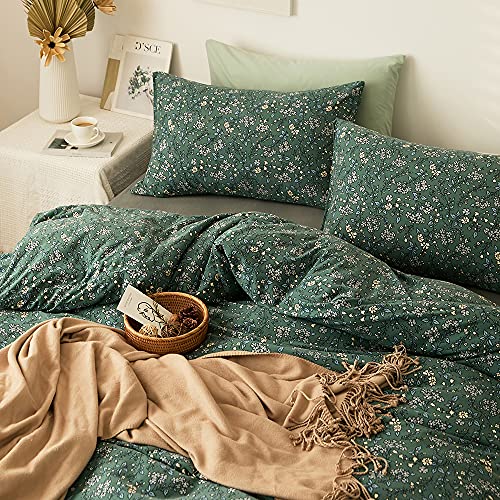 Queen Green Floral Jersey Knit Cotton Duvet Cover Set - Vintage Botanical Bedding