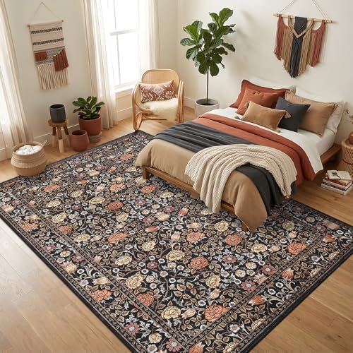 GarveeHome 9x12 Dark Brown Floral Area Rug for Living Room & Bedroom, Non-Slip Boho Vintage Design
