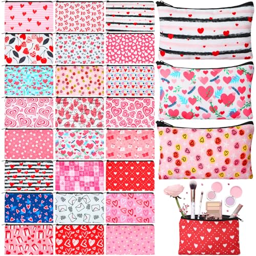 Meanplan 24 Pcs Valentine's Day Cosmetic Bags Heart Love Makeup Bags Travel Zipper Cosmetic Organizer Valentine's Day Gift for Women and Girls 24 Styles