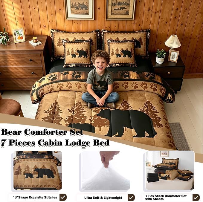 Queen Size Bear Comforter Set - Rustic Lodge Animal Bed in a Bag, 7 Pieces, Brown & Black