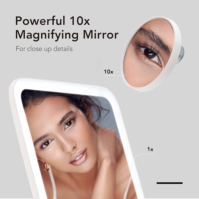 Rechargeable LED Travel Makeup Mirror with 3 Color Settings & 10x Detachable Magnifier