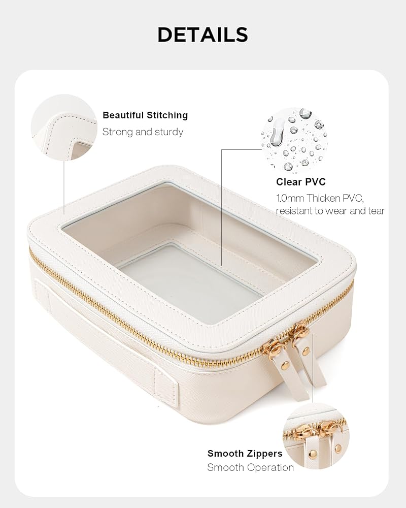 KOTORA White Clear Makeup Bag Set - 2 Pack Travel Cosmetic Pouches, PU Leather, TSA-Ready Car Organizer