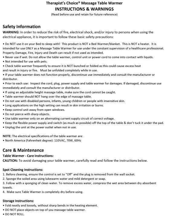 Deluxe Fleece Massage Table Warmer, w/ 12 Foot Power Cord. for Use with Massage Tables Only, Do Not Use as a Bed Blanket Warmer. Note it Does NOT GET HOT! Maximum Temperature is About 88 Degrees F