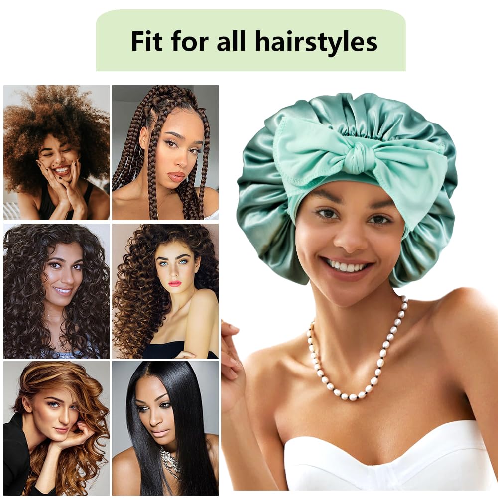 1+3 Large Satin Bonnets with Scrunchies for Women, Double Layer Hair Bonnet Tie Bonnet for Sleeping Braids Curly Hair, C
