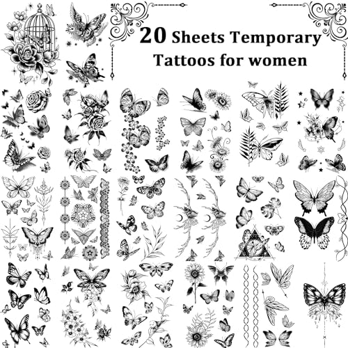 Cerlaza 20 Sheets Black Butterfly Temporary Tattoos for Adult Women, 120 Styles Small Butterflies Fake Tattoo Waterproof Long Lasting, Semi Permanent Tattoos Temporary Realistic for Girls Kids