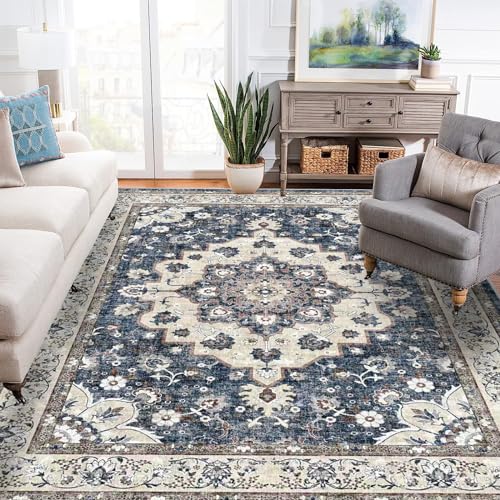 8 x 10 Blue Washable Living Room Area Rug - Stain Resistant Non-Shedding Carpet