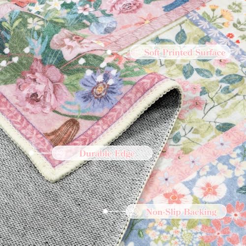 5' x 7' Pink Girls Bedroom Rug - Soft Patchwork Non-Slip Washable Carpet