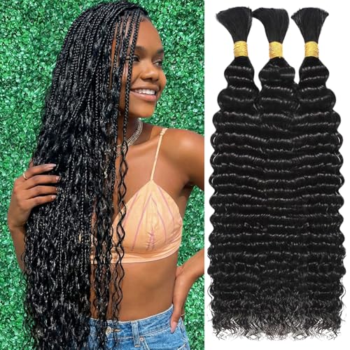 Deep Wave Human Braiding Hair 24 Inch - Natural Black 120g Boho Bundle