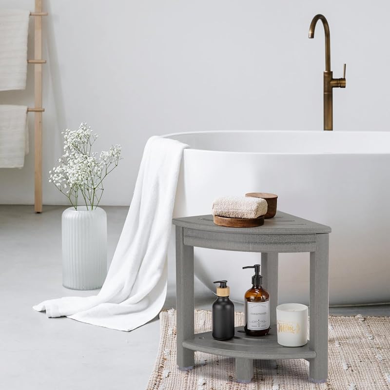 Corner Shower Stool with Storage Shelf, HDPE Shower Bench Grey