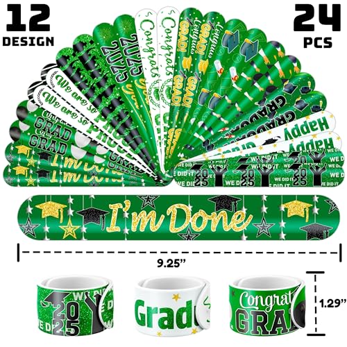 48 PCS 2025 Graduation 24PCS Temporary Tattoos Stickers 24PCS Slap Bracelets Wristbands Perfect for Themed Class Party Supplies Grad & So Proud of You High School College (Green)