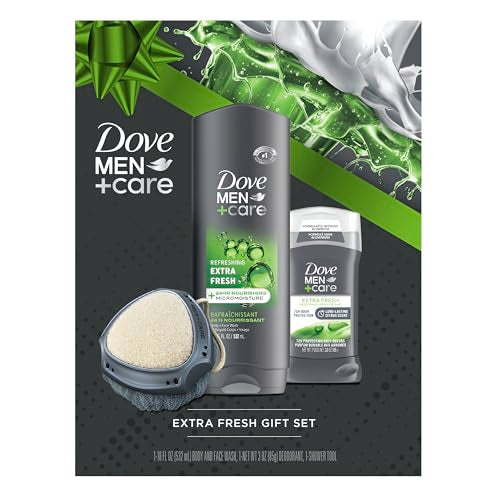 Dove Men+ Care Gift Set ? Dove Face + Body Wash, Dove Antiperspirant, Refreshing Extra Fresh Scent, Dove Active Clean Dual-Sided Shower Tool, Christmas Gifts for Men (3 Piece Set)