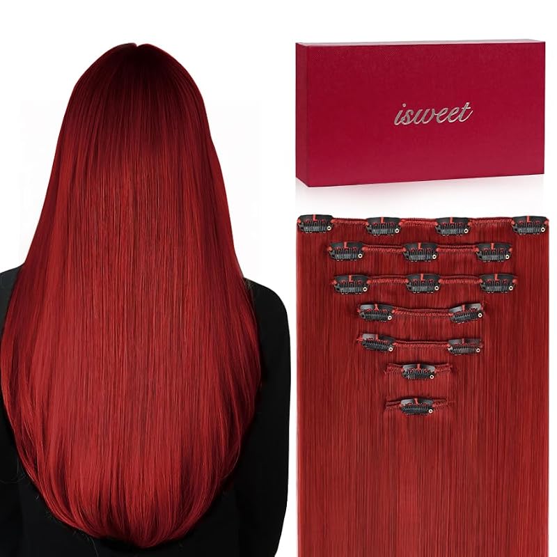 Red Clip-In Hair Extensions 12 Inch 80g Real Human Hair 7Pcs Soft & Natural