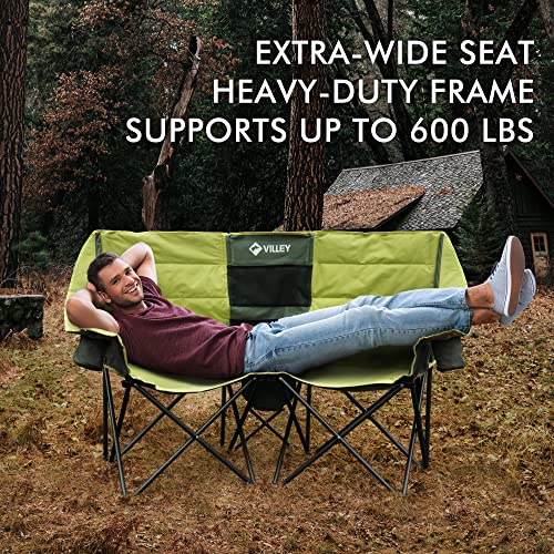 Green VILLEY Double Camping Chair with Cooler Bag, Wide Loveseat, Heavy Duty Foldable Couch, Portable Steel Frame, 600 lbs Capacity