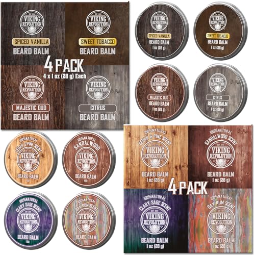 Viking Revolution Beard Balm Variety Pack (1oz each) - Styles, Strengthens and Softens Beards - Sandalwood, Pine & Cedar, Bay Rum, Clary Sage, Spiced Vanilla, Sweet Tobacco, Majestic Oud, Citrus