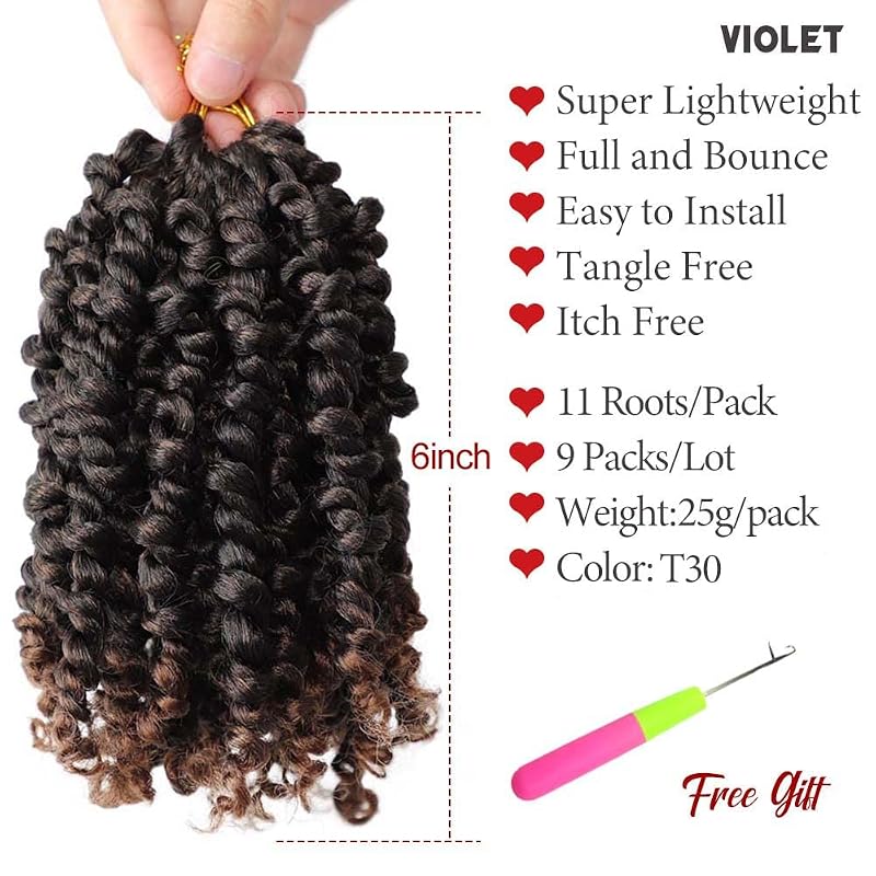 Passion Twist Crochet Hair 6 Inch – 9 Packs, Pre-Looped Short Crochet Braids, T30