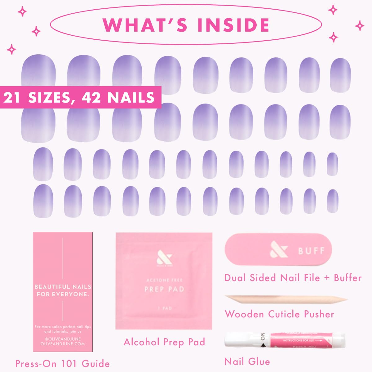 Olive & June Instant Mani Press On Nails (Glue) | Glazed Purple | Medium, Oval 42 Fake Nails, 21 Sizes Non-Toxic, Long-Lasting Recycled Materials Realistic | Purple Chrome Gradient