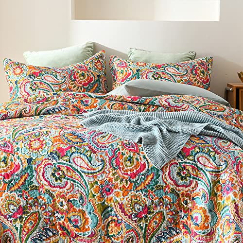 King Size Reversible Cotton Quilt Set with Floral Paisley Pattern - Yellow & Red Variation