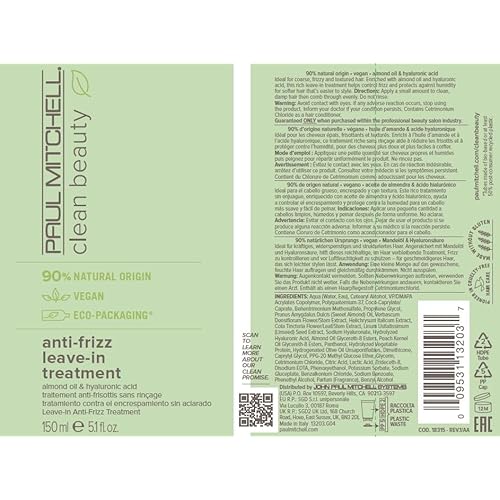 Paul Mitchell Clean Beauty Anti-Frizz Leave-In Treatment, Leave-In Conditioner, Anti-Humidity, For Textured, Frizz-Prone Hair, 5.1 fl. oz.