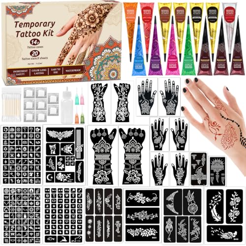 MuseLuxe 14P-10 Colors Temporary Tattoo Kit with 20 Stencils & Accessories