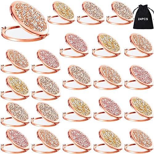 Cindeer 24 Pcs Rhinestone Compact Mirrors with 2x/1x Magnification – Multi Colors, 70mm